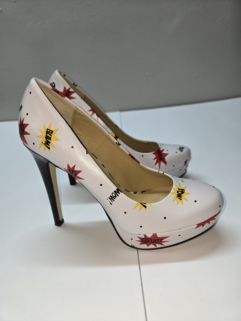 Chinese Laundry White Comic-Print Platform Pumps with Red & Yellow Accents